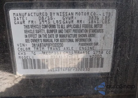 2015 Nissan Sentra Sr z USA, uszkodzony, nr VIN 3N1AB7AP8FY322230